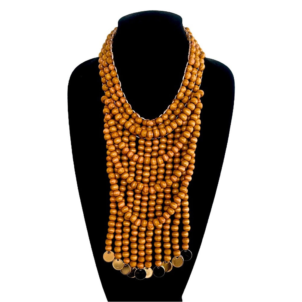 BOLD ARTISAN BIB | Handcrafted Tribal-Inspired Tiered Wood Bead Necklace | NEW - Picture 2 of 5